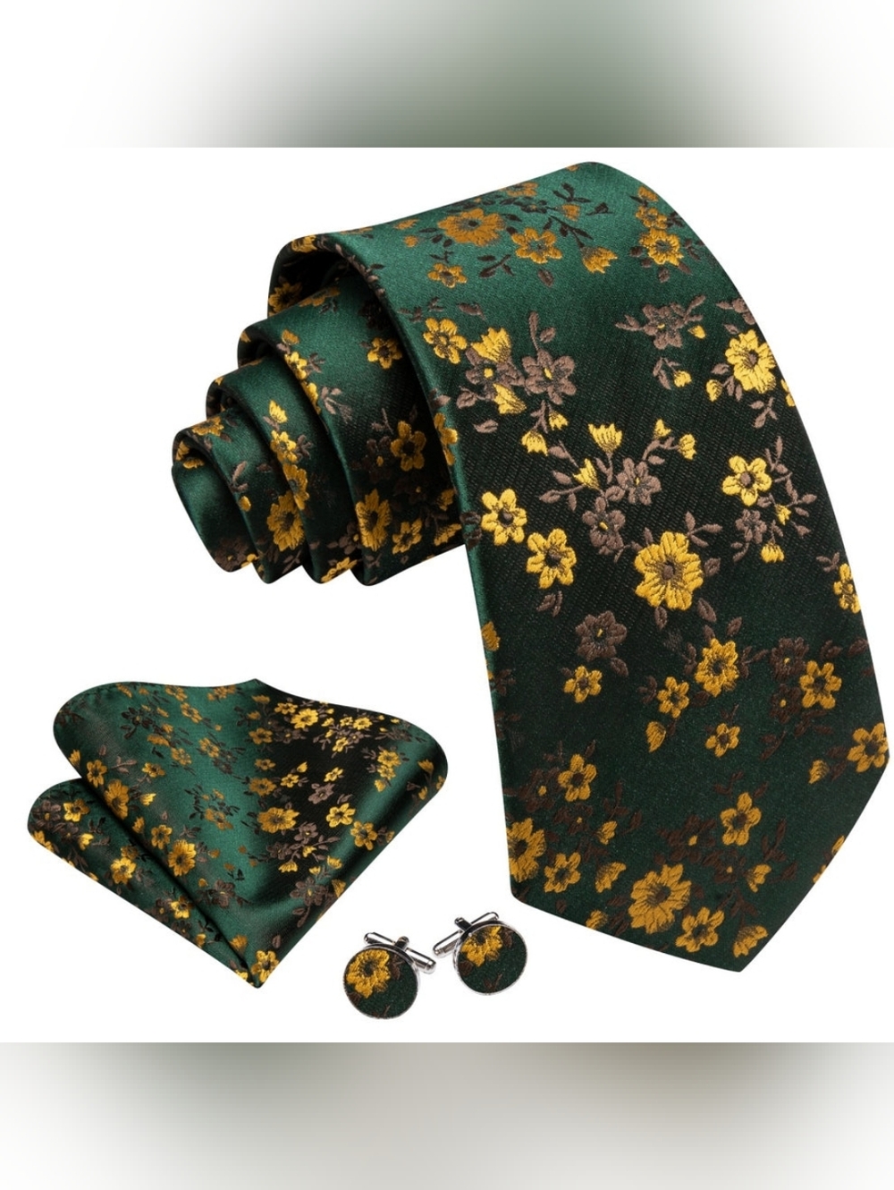 NWT 🏷 Barry Wang Green Floral Silk Tie Pocket Square & Cuff Link Set